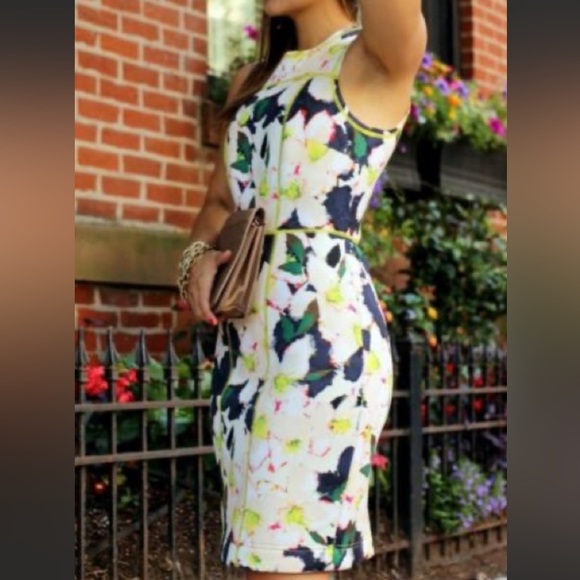 J Crew Neon Lime Acid 🥝 Green Trim Flower Floral Scuba Dress Blue Pink Ivory 🌴 - Picture 15 of 16